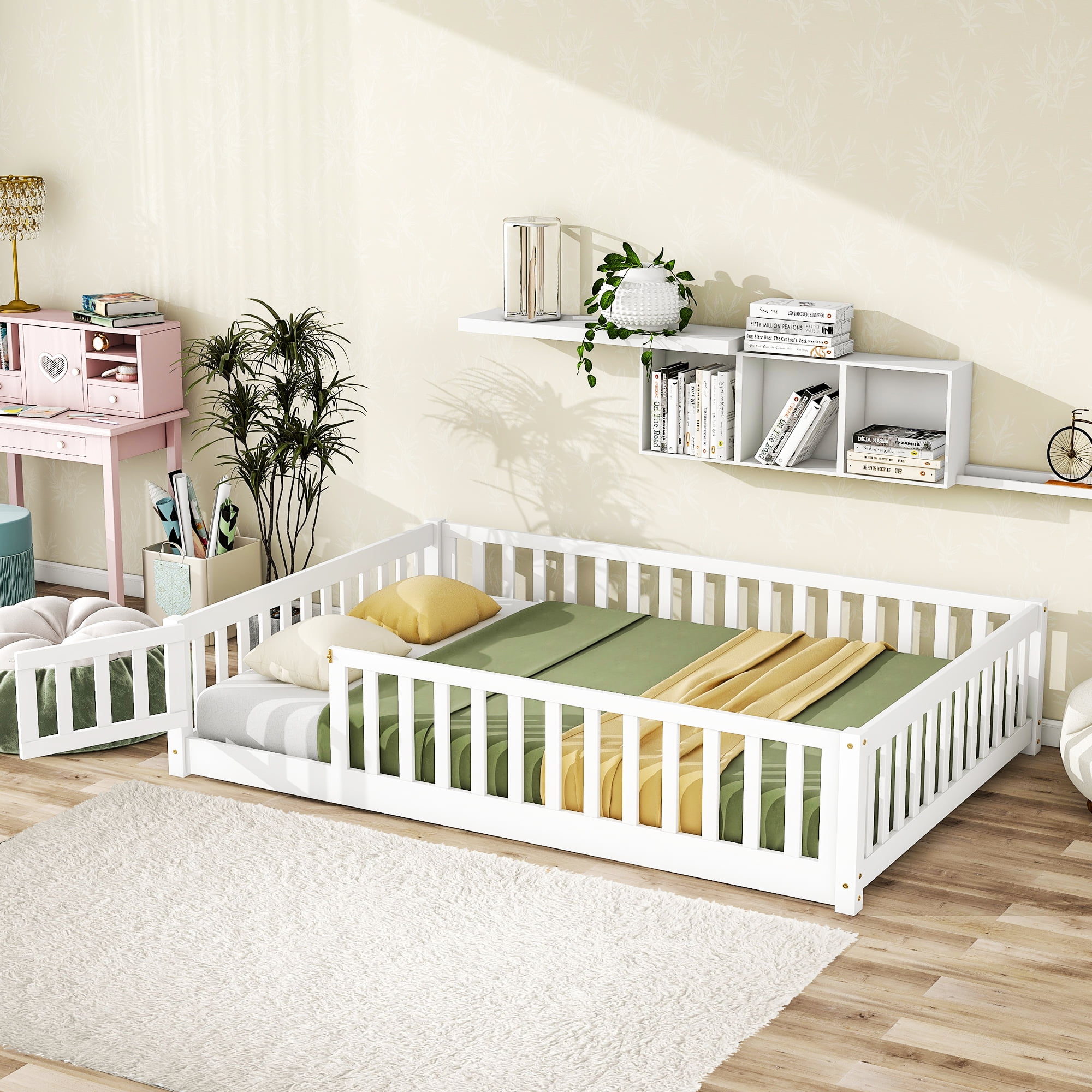 Queen Floor Bed for Kids, Sturdy Wood Montessori Bed Frame with Wood Slats, Fence & Door, Montessori Floor Bed for Girls and Boys, White (with Bed Slats)