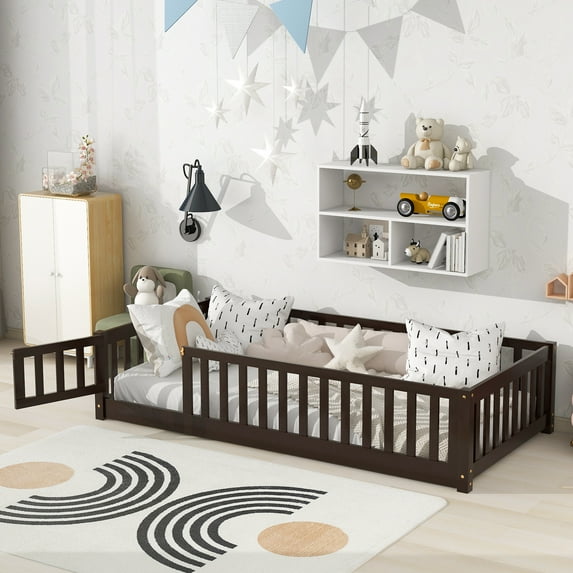 Queen Floor Bed for Children, Sturdy Wood Montessori Bed Frame with Wood Slats, Fence & Door, Montessori Floor Bed for Girls and Boys, Espresso