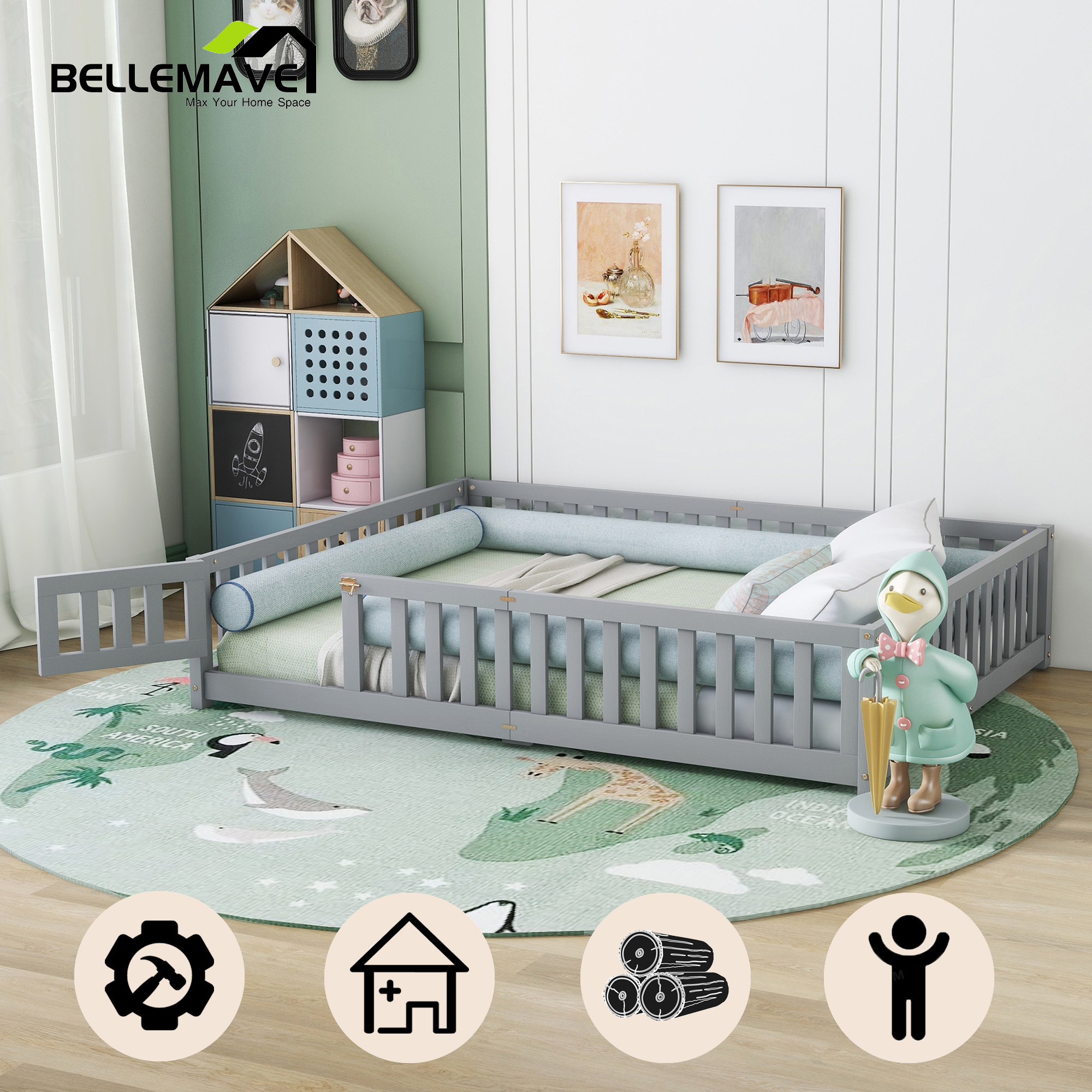 Queen Floor Bed for Kids, Solid Wood Montessori Bed Frame Fence & Door