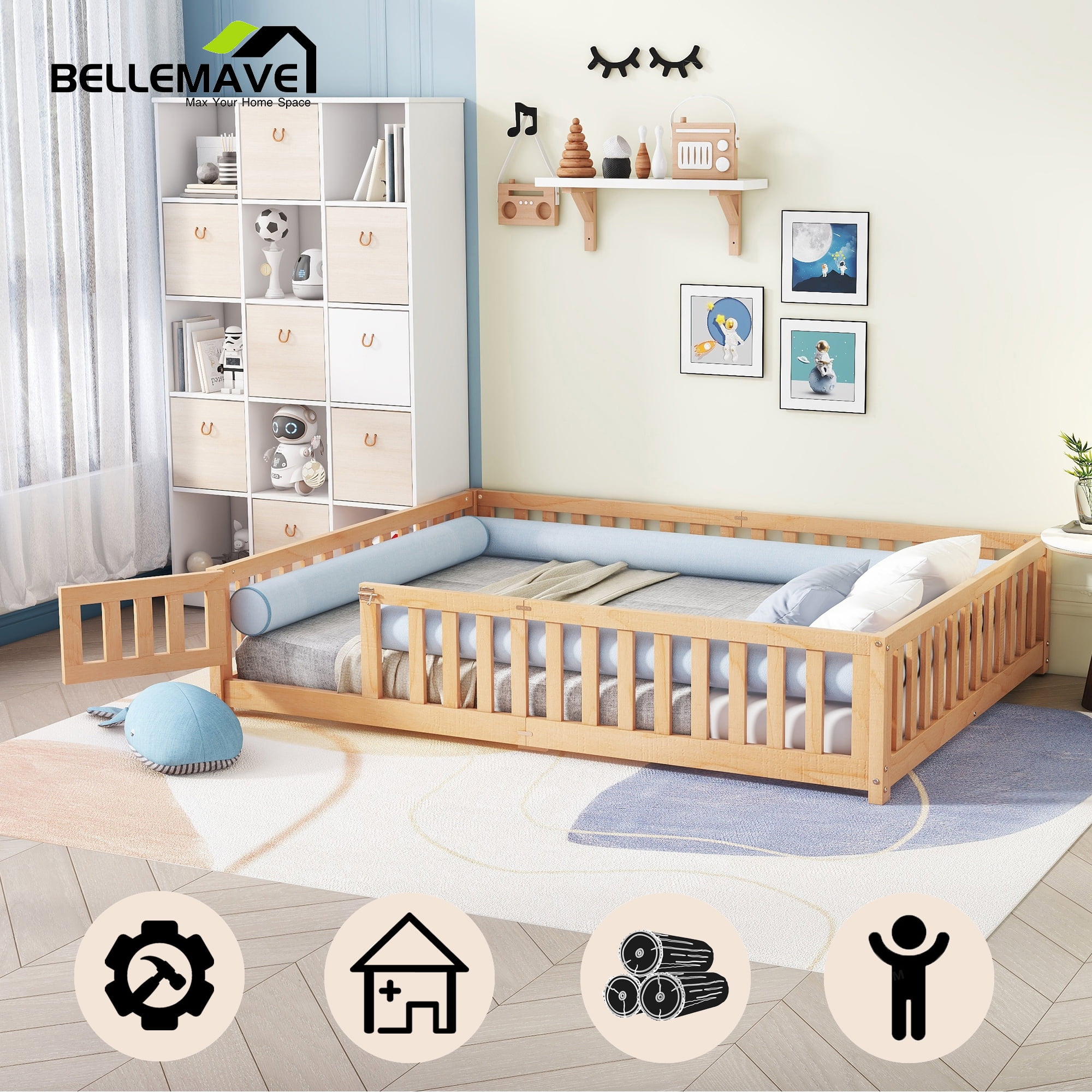 Queen Floor Bed for Kids, Solid Wood Montessori Bed Frame Fence & Door