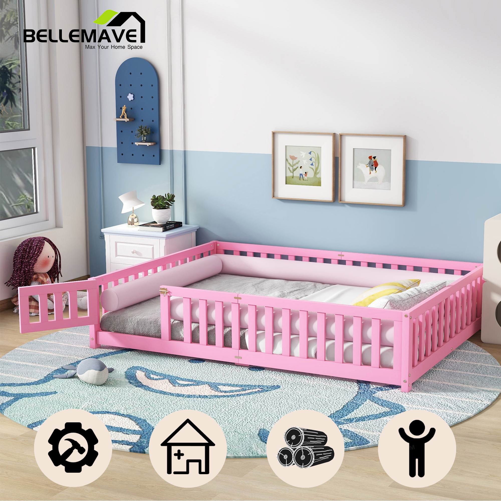 Queen Floor Bed for Kids, Solid Wood Montessori Bed Frame Fence & Door