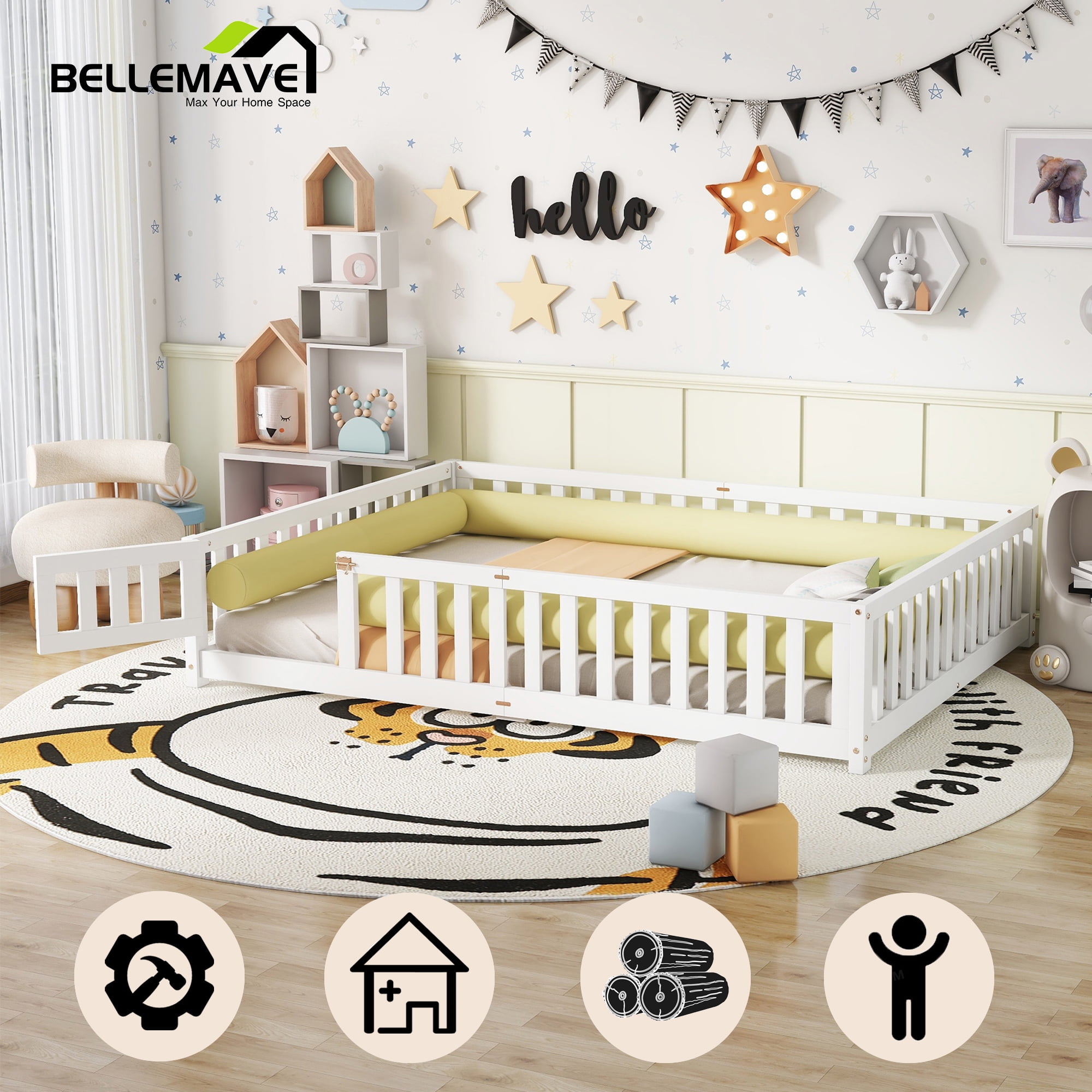 Queen Floor Bed for Kids, Solid Wood Montessori Bed Frame Fence & Door