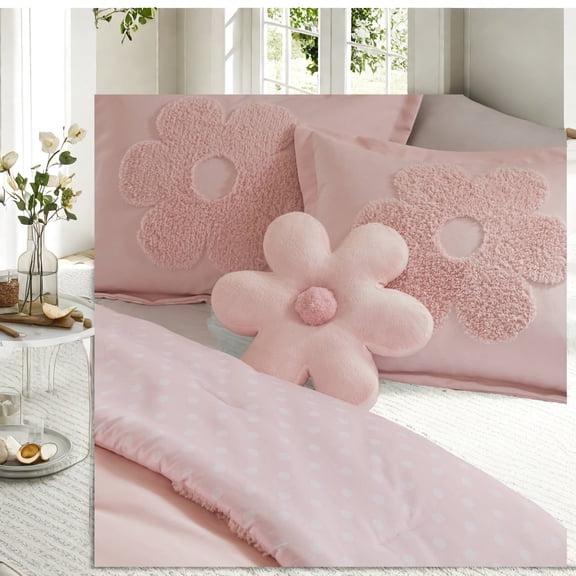 Queen Floral Chenille Bedding Sets Hypoallergenic Comforter with Pillow Pink