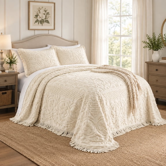 Queen Floral Chenille Bedspread, Cotton Textured Bed Cover for Bedroom Dcor