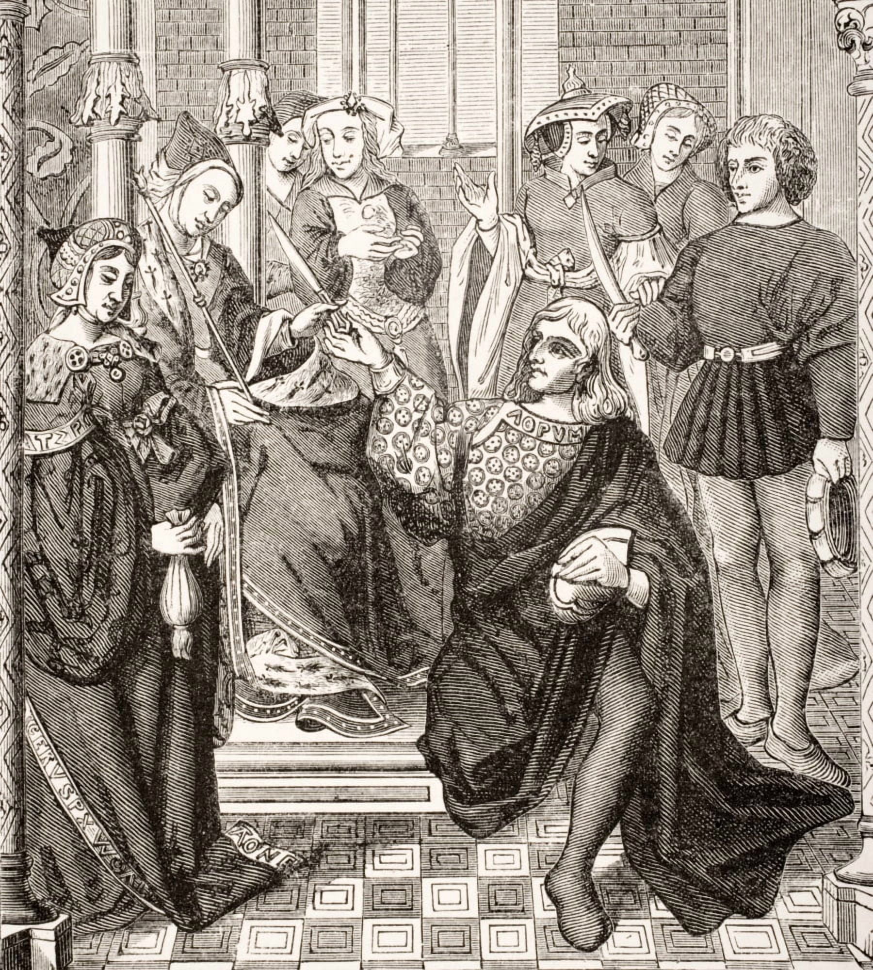 Queen Fredegonde Gives Orders To Two Men Of Terouanne To Assassinate Sigebert King Of Austrasia Canvas Art - Ken Welsh Design Pics (28 x 30)