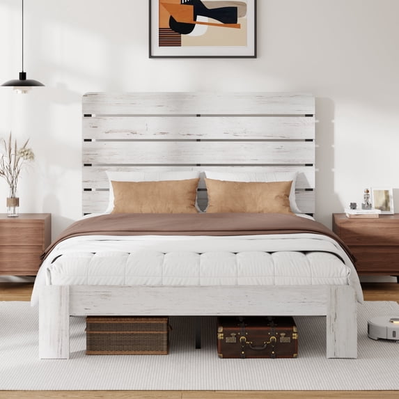 Wooden Queen Bed Frame with 49.9" Tall Headboard, Rustic Farmhouse Platform Bedframe with Wood Slat Support, No Box Spring Needed, Sturdy and Noise Free, Easy Assembly, White
