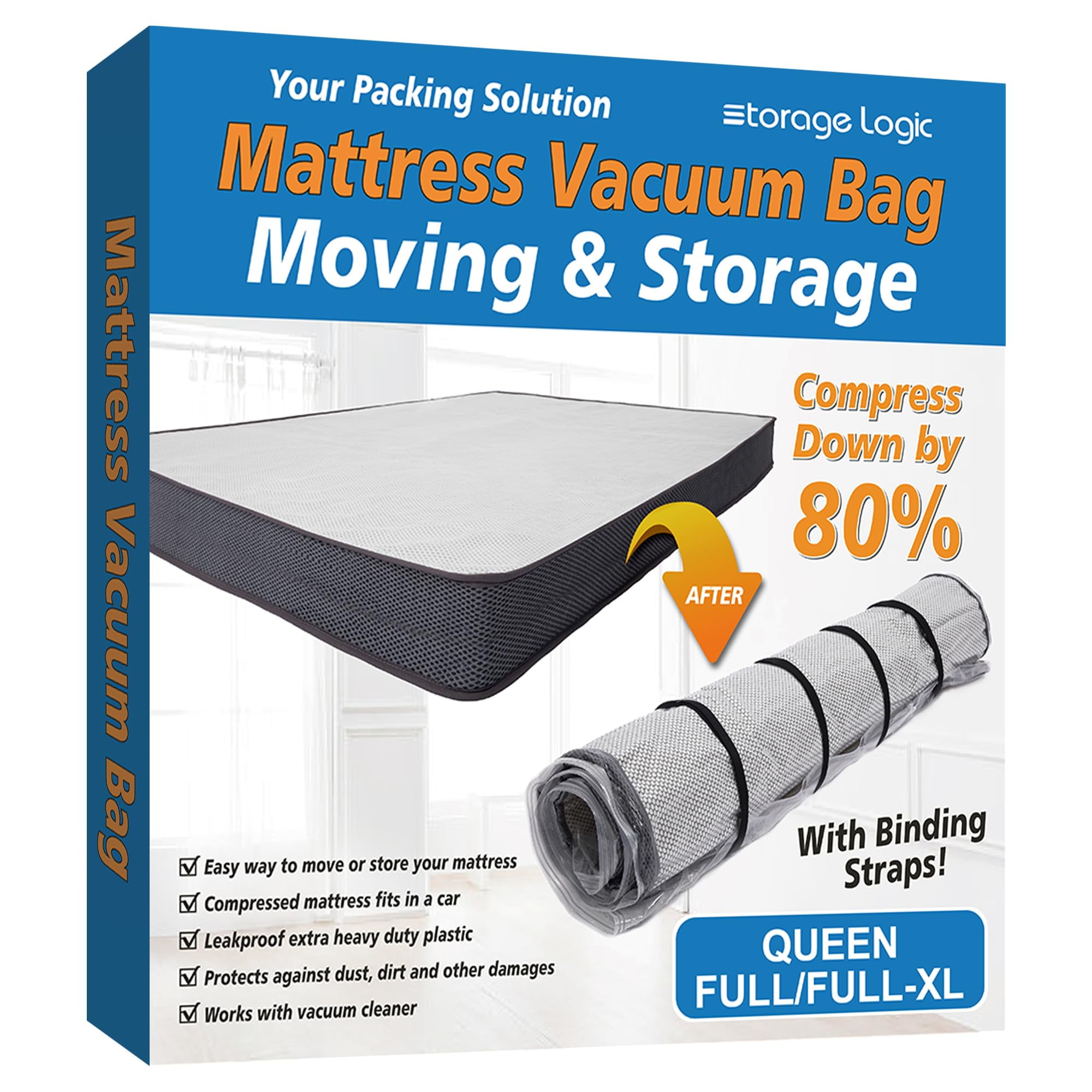 Queen/Full/Full-XL Foam Mattress Vacuum Bag for Moving, Vacuum Seal Mattress Bag with Straps C55