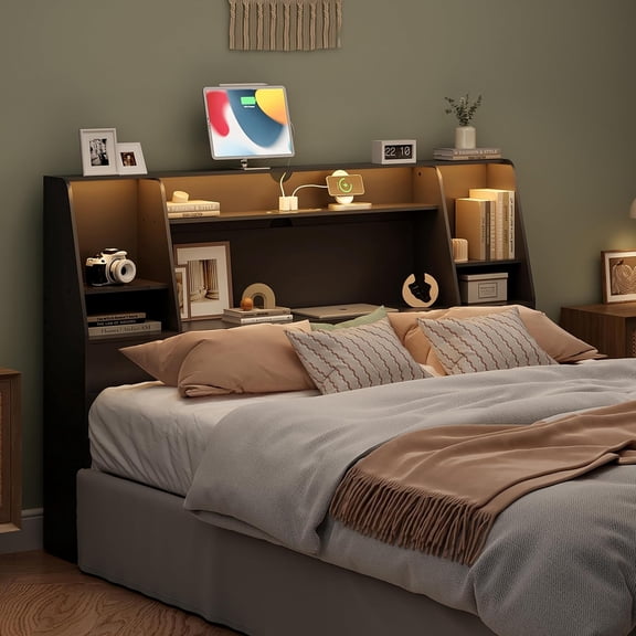 Queen/Full Headboard Only for Queen Bed, Wood Bookcase Head Board with Charging Station & 2 LED Lights, Stylish Noise-Free with Ample Storage for Bedroom, Height Adjustable, Black