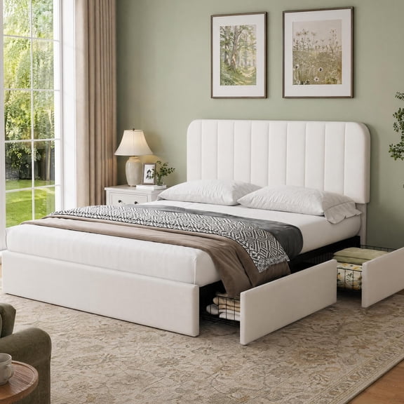 Queen/Full Size Bed Frame, Velvet Upholstered Platform Bed with Adjustable Headboard & 4 Rolling Storage Drawers, No Box Spring Needed, Easy Assembly