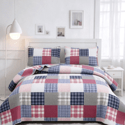 Smuge 3 Piece Full/Queen Size Reversible Check Plaid Patchwork Quilt Set, Lightweight Soft Microfiber Coverlet Bedspread,Red White Grey