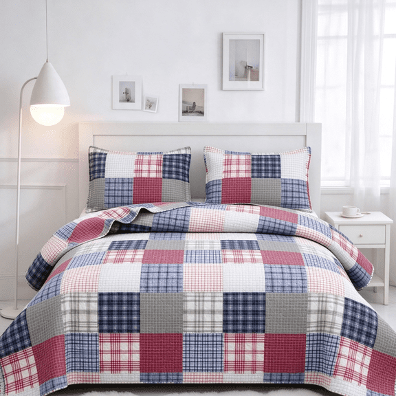 Smuge 3 Piece Full/Queen Size Reversible Check Plaid Patchwork Quilt Set, Lightweight Soft Microfiber Coverlet Bedspread,Red White Grey