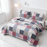 Smuge 3 Piece Full/Queen Size Reversible Check Plaid Patchwork Quilt Set, Lightweight Soft Microfiber Coverlet Bedspread,Red White Grey