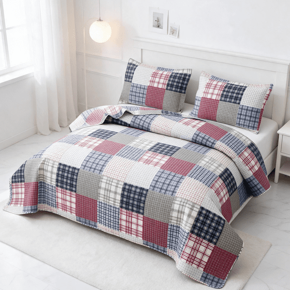 Smuge 3 Piece Full/Queen Size Reversible Check Plaid Patchwork Quilt Set, Lightweight Soft Microfiber Coverlet Bedspread,Red White Grey