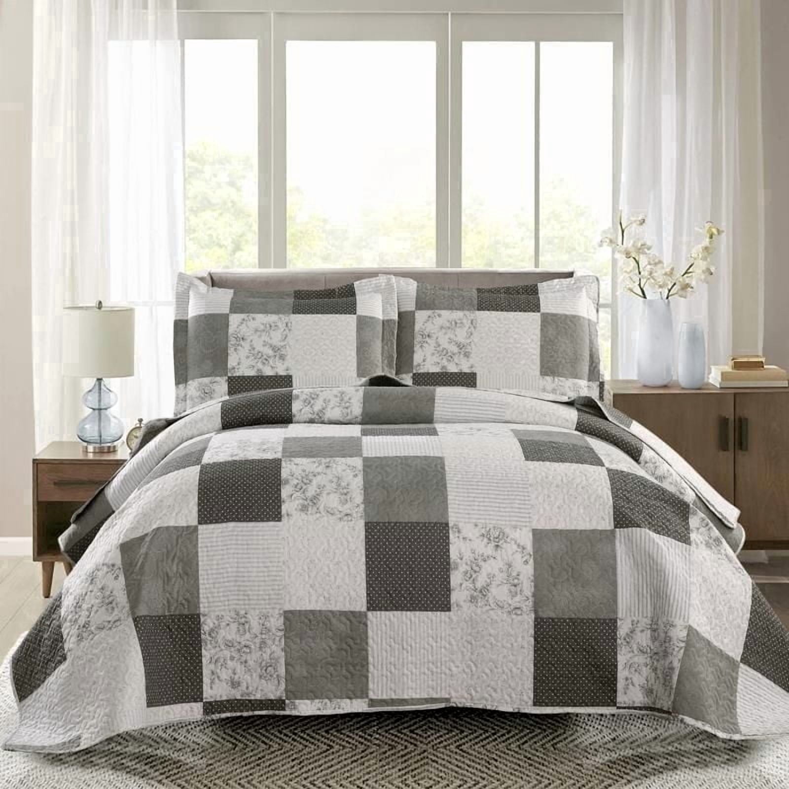 Smuge 3 Piece Quilt Set, Queen/Full Size, Floral Patchwork Black White Plaid, Reversible Lightweight Soft Microfiber Bedspread Coverlet
