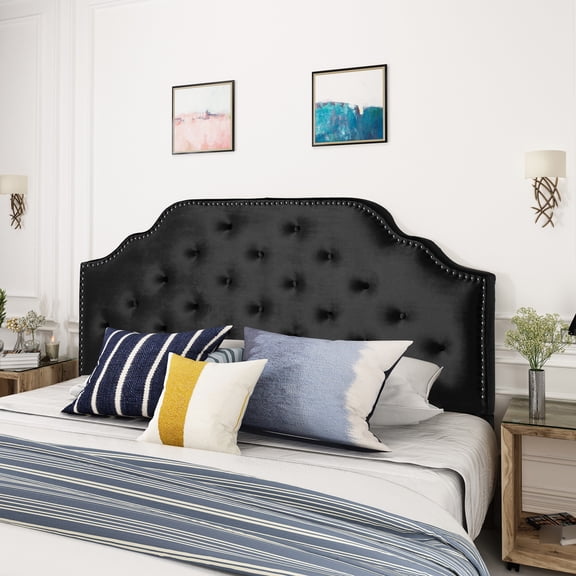 Queen & Full Sized Headboard - Black Velvet Upholstery With Button Design And Exquisite Nailhead Accents, Assembly Required Contemporary Diamond Stitch Border, Needed