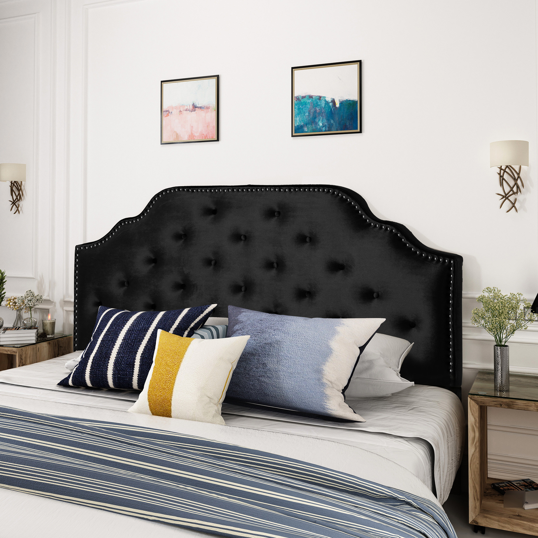 Curated visual reference: Picture Idea: Queen Full Sized Headboard Black Velvet Upholstery With Button