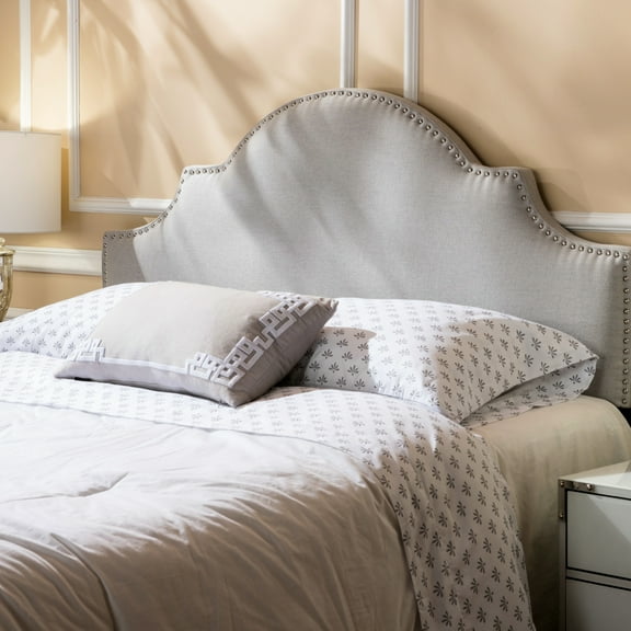 Queen & Full Sized Headboard - Charming Arched Silhouette, Nailhead Trim, Adjustable Feet, Inviting Upholstery And Classy Design, Stud Upholstery, Grey Tone