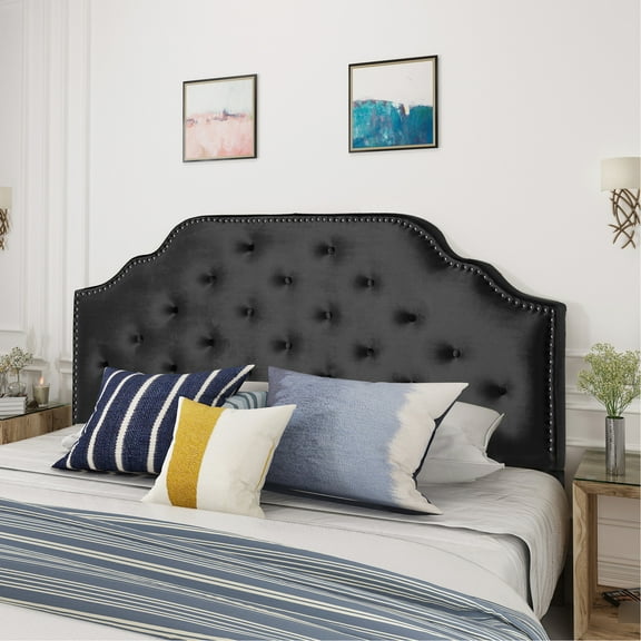 Queen & Full Sized Headboard - Velvet Upholstery In Black With Button Diamond Stitch And Charming Nailhead Border, Assembly Required Modern Captivating Accents,