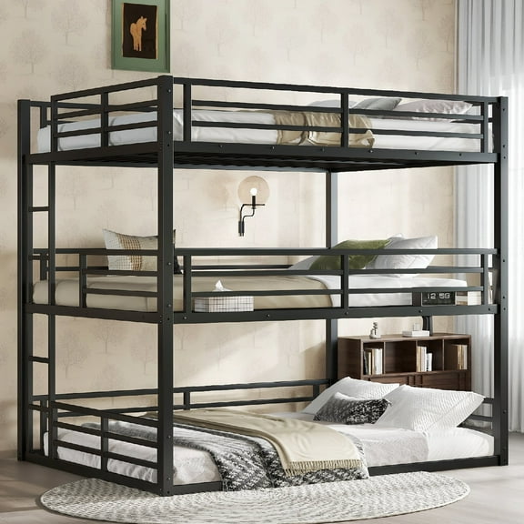 Queen over Full XL over Queen Size Triple Bunk Bed Frame with Safety Guardrails and Ladder, Heavy-duty Metal Bunk Beds Frame with Noise-reduced Design, Mattress Not Included, Black