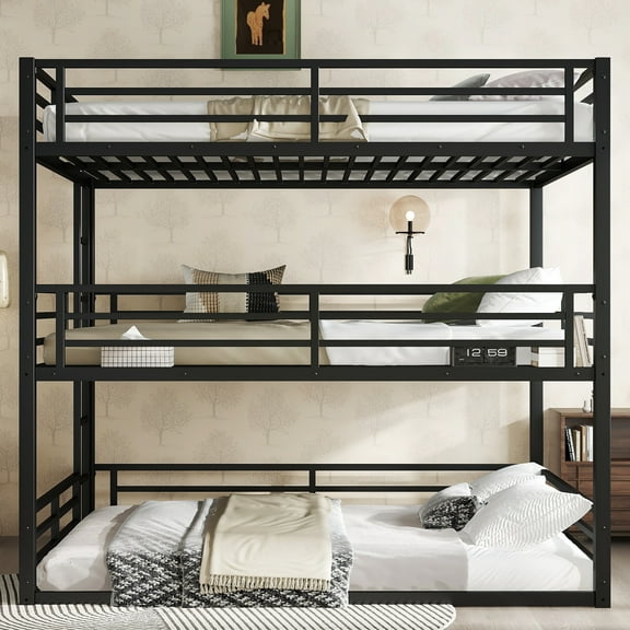 Queen over Full XL over Queen Triple Bunk Bed, Heavy-Duty Metal 3-Tier Bunk Bed with Full Safety Guardrails, Space-Saving Design for Shared Spaces, Noise Reduced Construction, Black