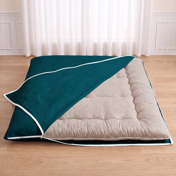 Queen Futon Mattress Cover 64" x 84", 100% Egyptian Cotton 400 Thread Count, L-Shaped 2-Side Zipper Closure, Japanese Floor Mattress Cover for 3-4 Inch Thick Pad, Replacement Cover, Teal Solid