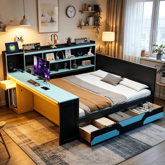 Queen Gaming Daybed with Built-In Desk, LED Lights, Charging Station & Storage, Black and Blue Modern Bed Frame for Adults