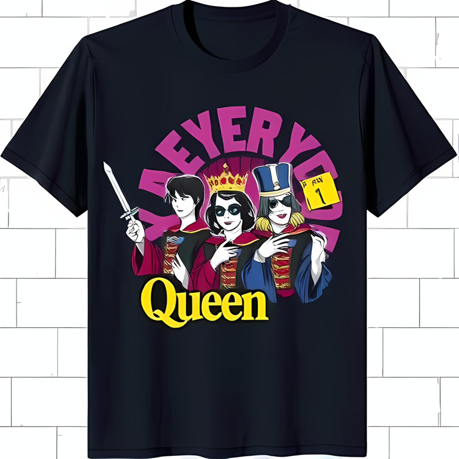 Queen Graphic Black TShirt with Iconic Band Members & 'Everybody