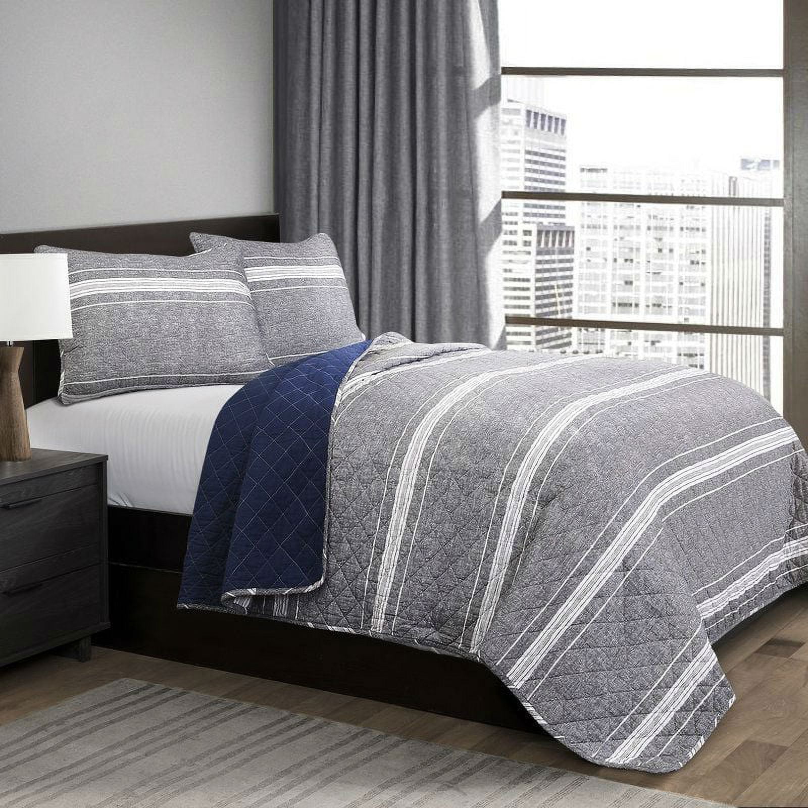 Queen Gray and Navy Cotton Reversible Stripe Bedspread Set
