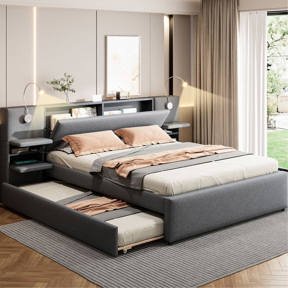 Queen Gray Platform Bed | Flip-up Storage, Side Racks | Guest Accommodation