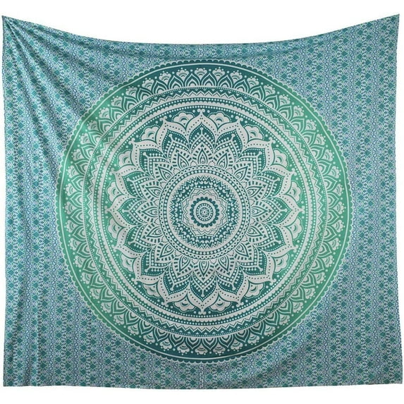 Queen Green Ombre Tapestry Mandala Art Hippie Wall Hanging Bohemian Bedspread Tapestries 81"x88"