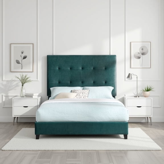 Queen Green Velvet Tufted Upholstered Platform Bed Frame | Modern Contemporary Design | Solid Wood Feet & Foam Filler | 64"W x 83"D | Primary & Guest Bedroom