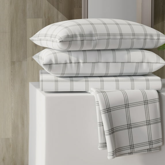 Color Sense Brushed Percale Cotton Blend - 4 Piece Bed Sheet Set - Cool & Crisp, Wrinkle Resistant - Queen Grey Checks