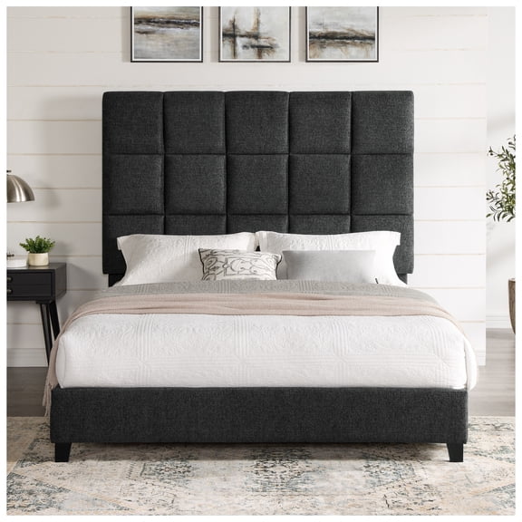 Queen Grey Squares Upholstered Platform Bed, Box Spring Required, Contemporary, Foam & Polyester