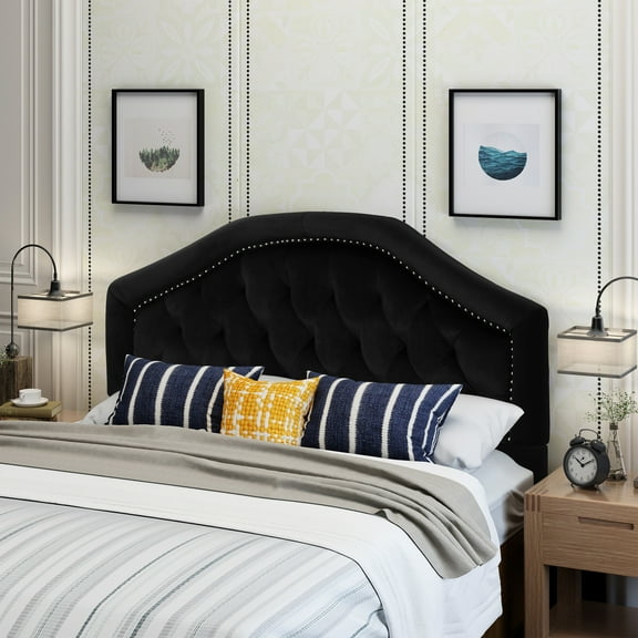 Queen Headboard In Black Velvet, Combining Contemporary Style With Button Tufting Velvet Charming Details