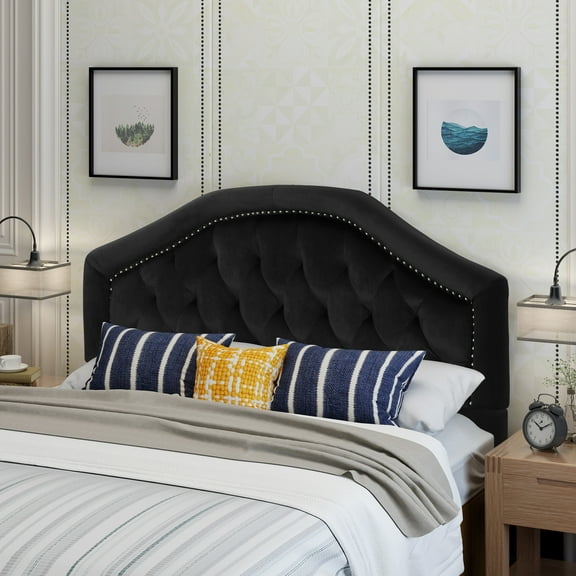 Queen Headboard In Black Velvet, Fusing Contemporary With Button Tufting Velvet Intricate Details