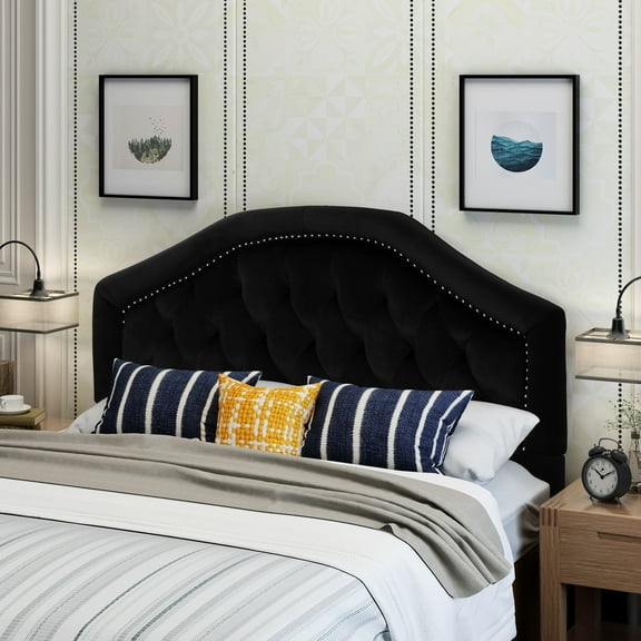 Queen Headboard In Black Velvet, Illustrating Contemporary Chic With Button Tufting Velvet Elegance And Decoration