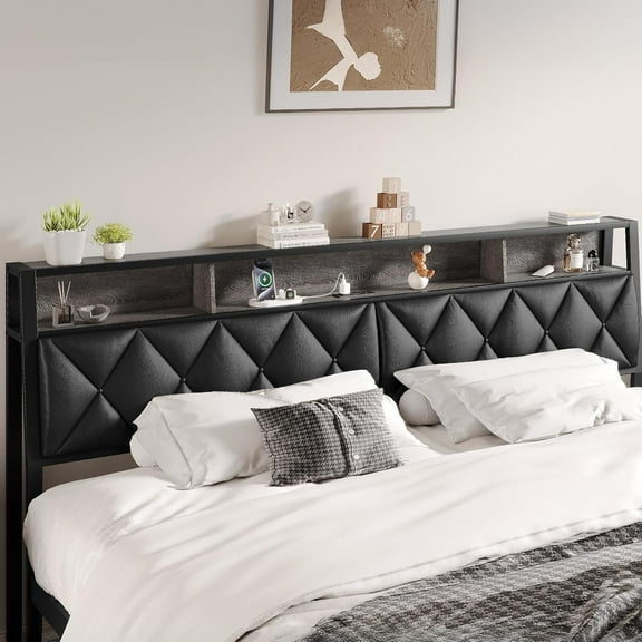 Queen Headboard Only, Headboard for Queen Size Bed with Storage, Upholstered Headboards with LED Lights & Charging Station, Attach Frame, Ideal for Bedroom/Dorm/Guest Room, Black, Faux Leather