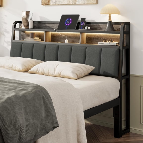 Queen Headboard Only with Storage, Charging Station, Black & Grey | Upholstered Headboards for Queen Size Bed with LED Light, Height Adjustable, Sturdy and Stable Headboard