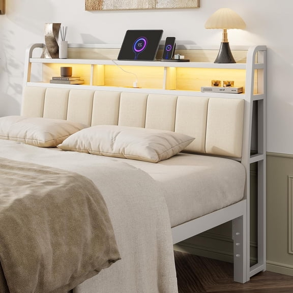 Queen Headboard Only with Storage, Upholstered Headboards for Queen Size Bed with LED Light, Charging Station, Height Adjustable, Sturdy and Stable Headboard, Off White