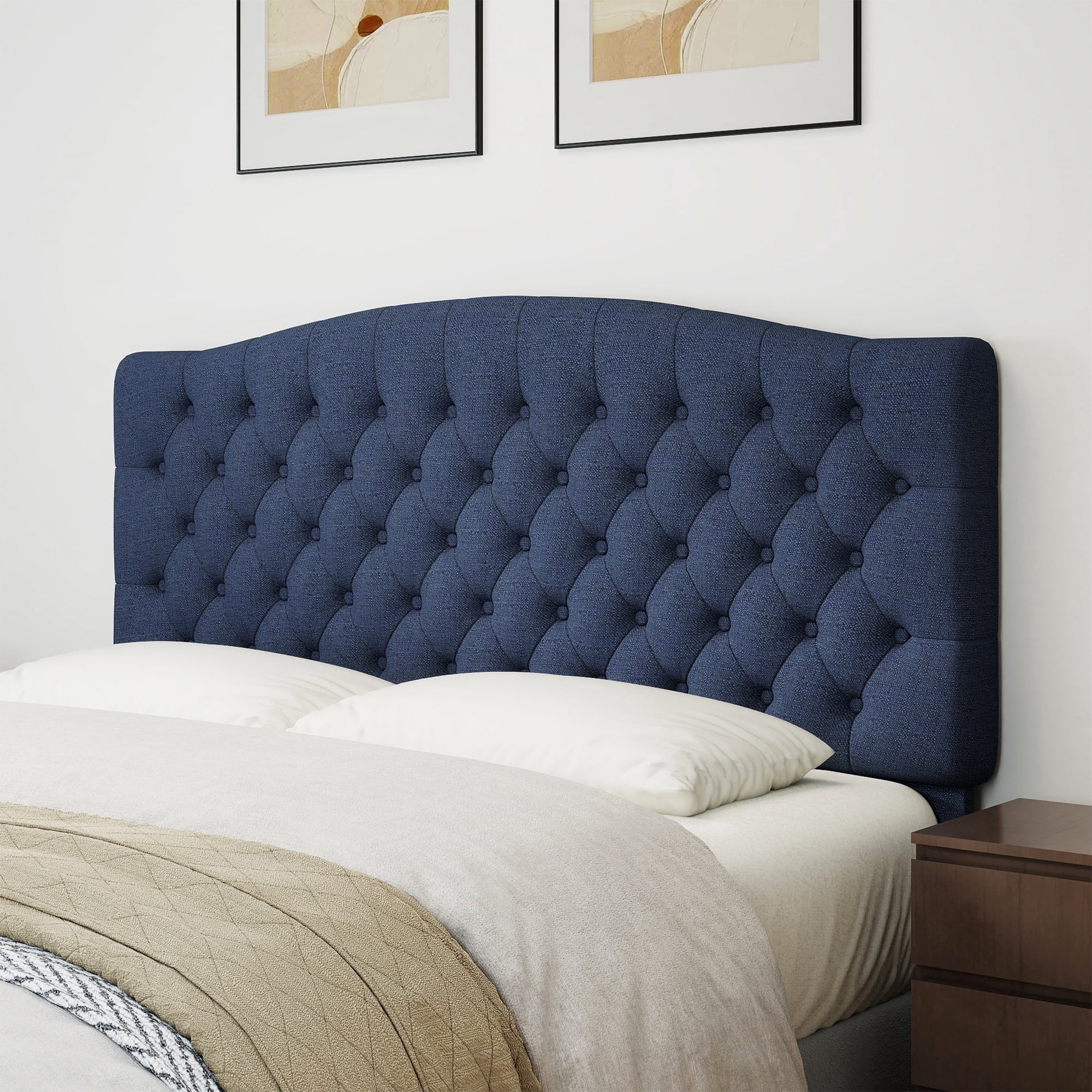 Queen Headboard Wall Mount & Bed Frame Compatible, Linen Upholstered Button Tufted, Navy Blue