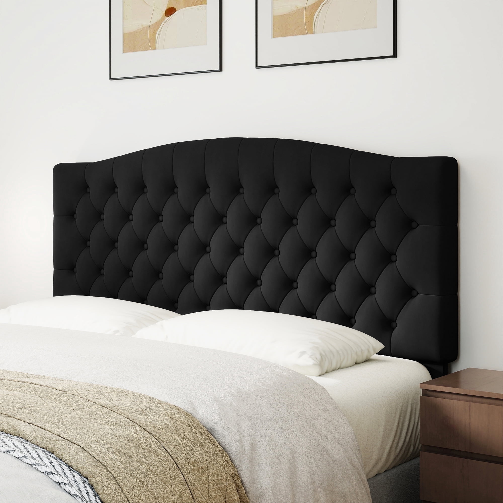 Queen Headboard Wall Mount & Bed Frame Compatible, Velvet Upholstered Button Tufted, Black