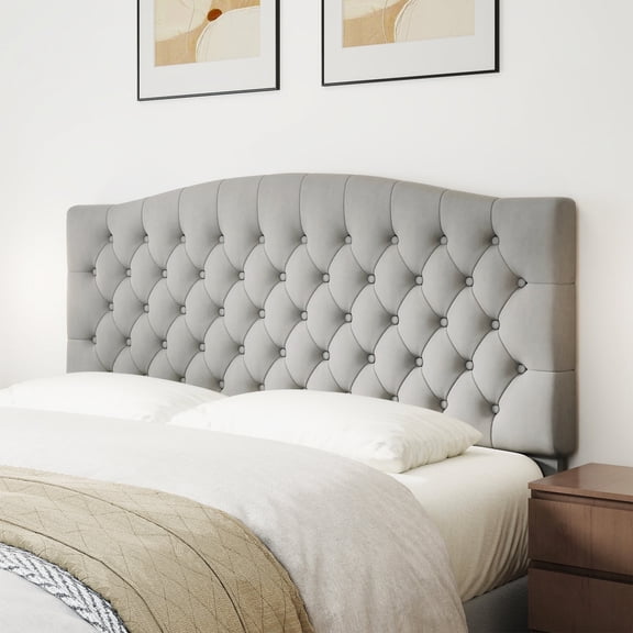 Queen Headboard Wall Mount & Bed Frame Compatible, Velvet Upholstered Button Tufted, Gray