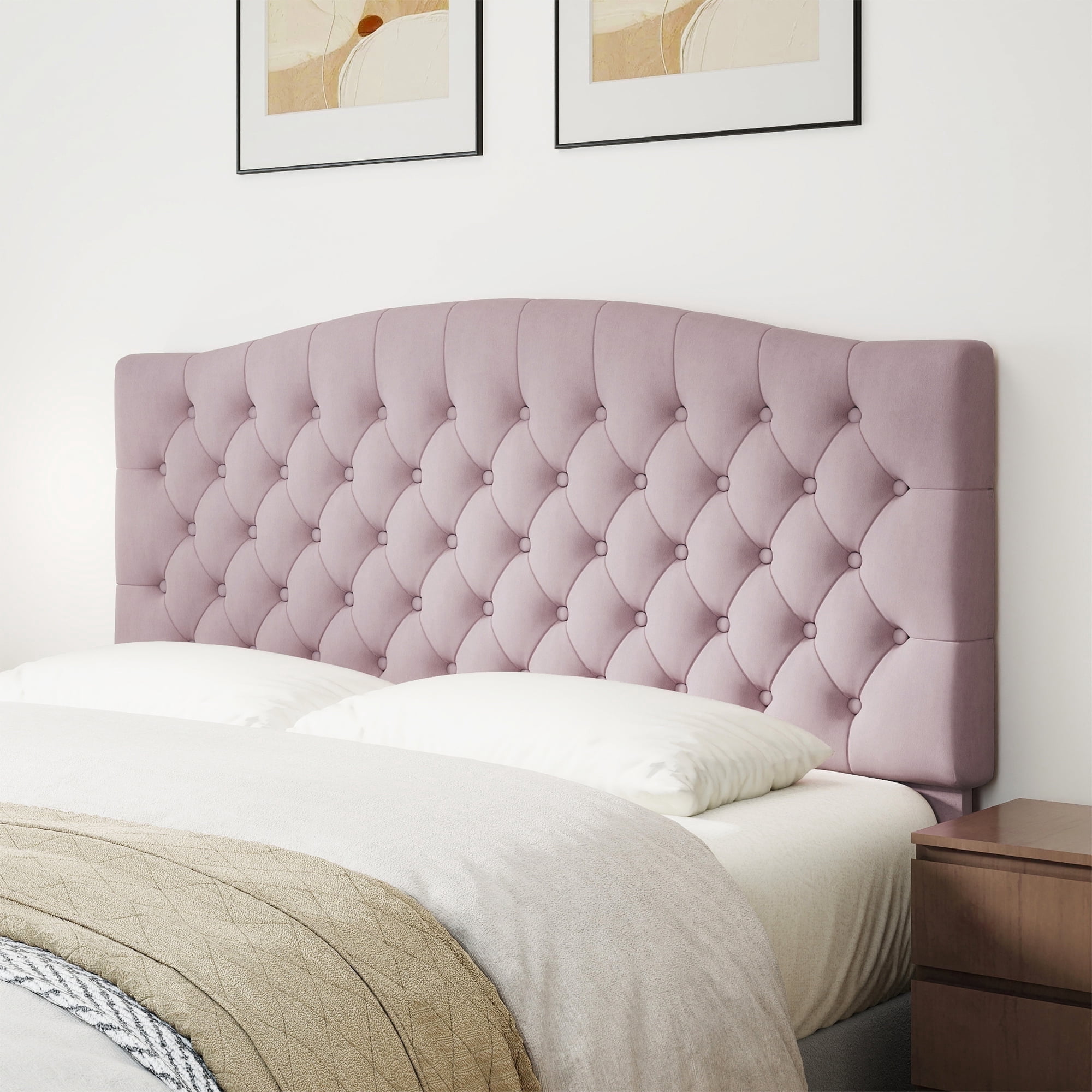 Queen Headboard Wall Mount & Bed Frame Compatible, Velvet Upholstered Button Tufted, Pink
