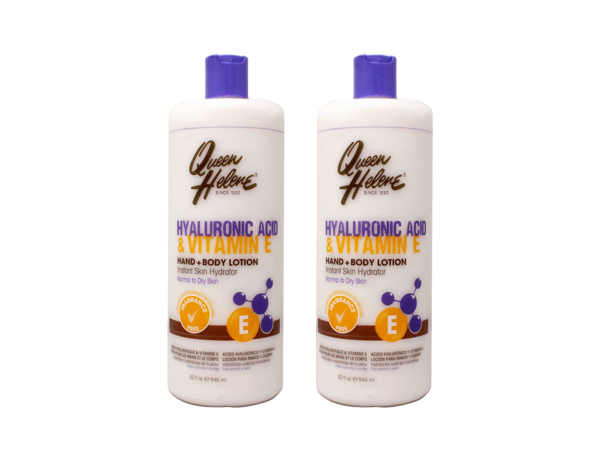 Queen Helene Hyaluronic Acid + Vitamin E Hand + Body Lotion, Instant Skin Hydrator, Normal to Dry Skin, 32 FL OZ - 2 Pack