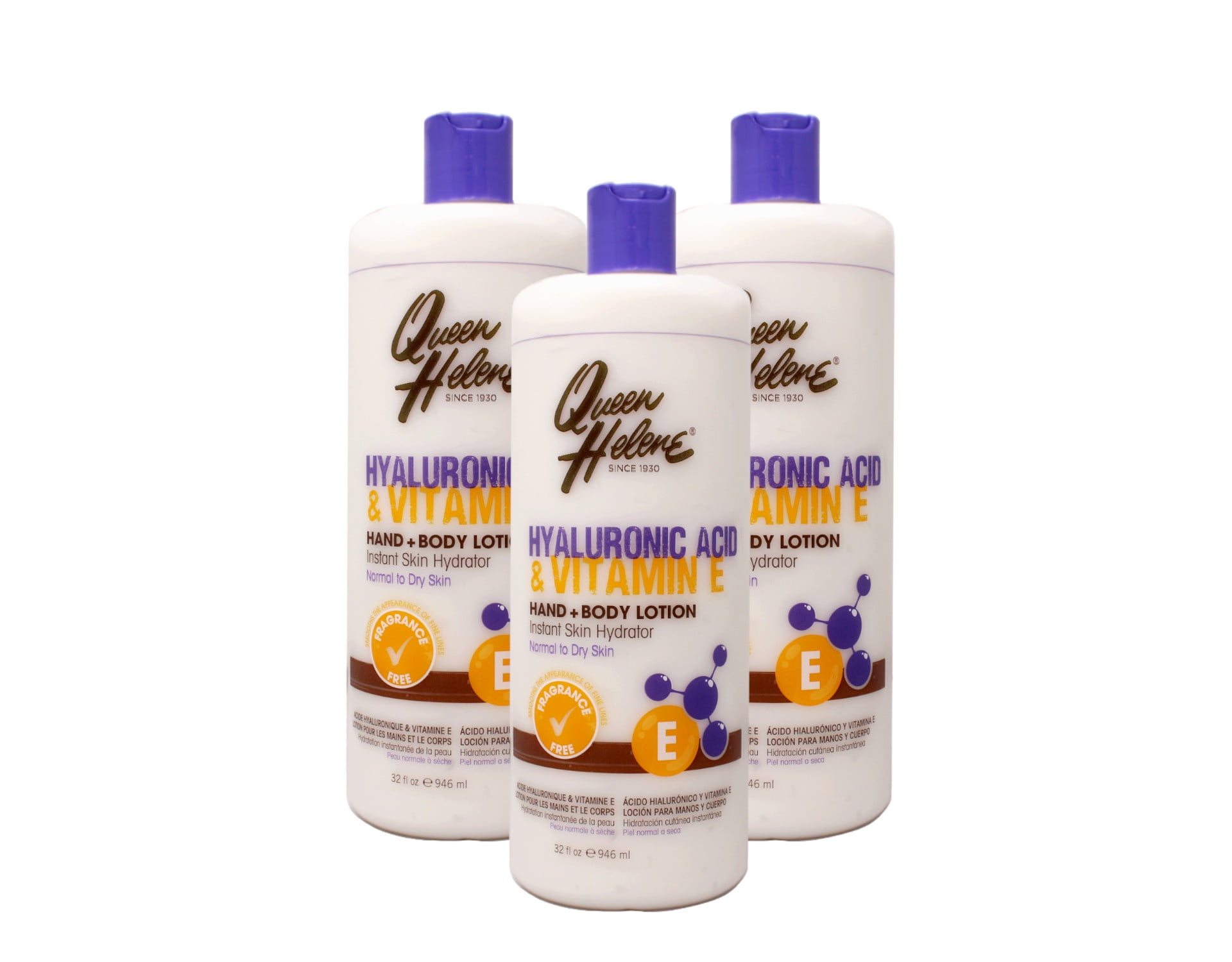 Queen Helene Hyaluronic Acid + Vitamin E Hand + Body Lotion, Instant Skin Hydrator, Normal to Dry Skin, 32 FL OZ - 3 Pack