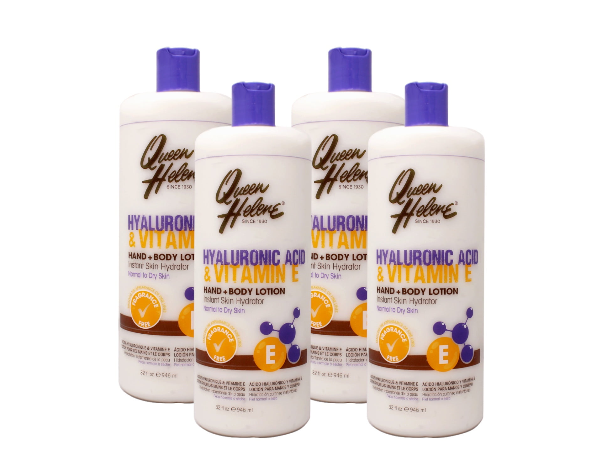 Queen Helene Hyaluronic Acid + Vitamin E Hand + Body Lotion, Instant Skin Hydrator, Normal to Dry Skin, 32 FL OZ - 4 Pack