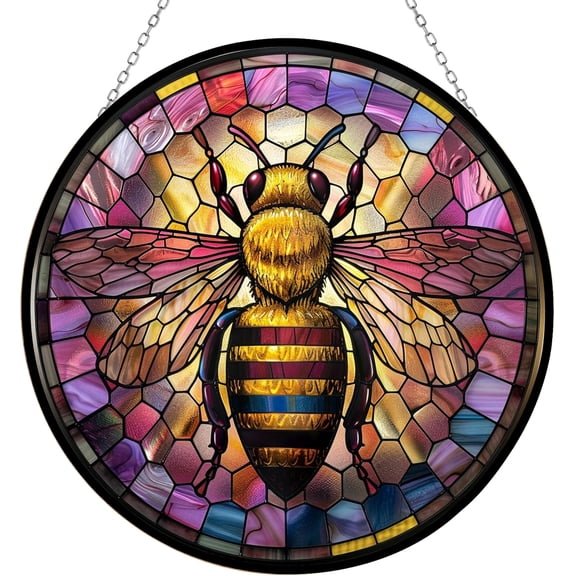 Queen Honey Bee Suncatcher Indoor/Outdoor Stained Glass Window Hanging Handmade Stained Glass Suncatchers Decoration for Home Garden Christmas Party Wedding Housewarming Gifts