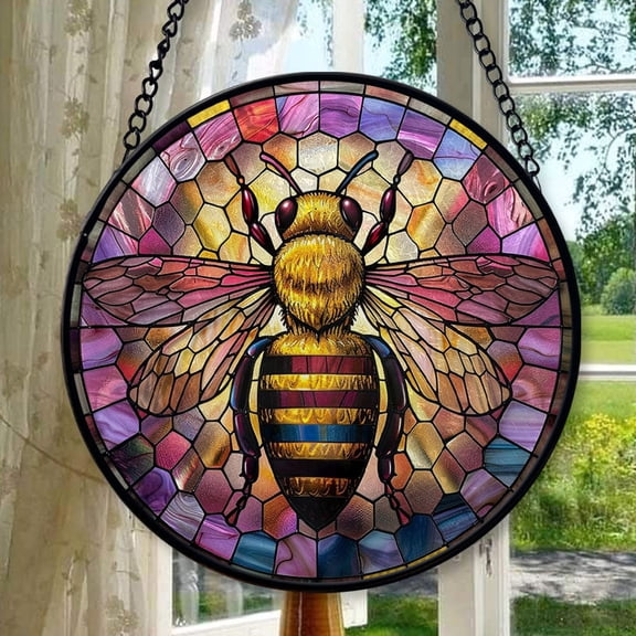 Queen Honey Bee Suncatcher Indoor/Outdoor Stained Glass Window Hanging Handmade Stained Glass Suncatchers Decoration for Home Garden Christmas Party Wedding Housewarming Gifts,
