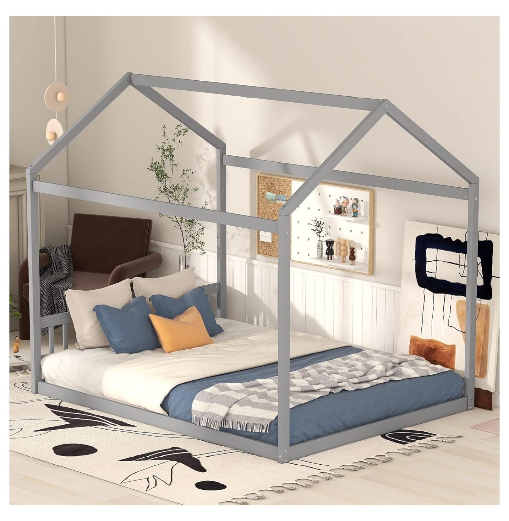 Queen House Beds, Montessori Bed Queen Size Floor Bed with Rails and