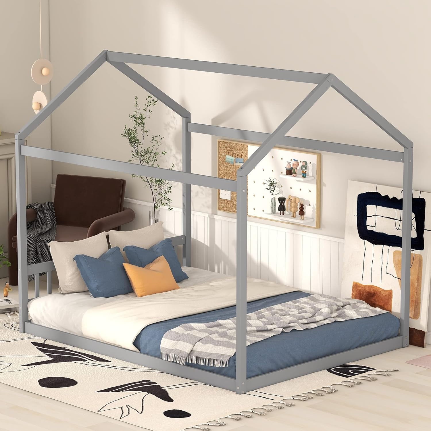 Queen House Beds Montessori Bed Queen Size Floor Bed with Rails and